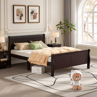 Sunvega Full Size Wood Platform Bed with Headboard and Classic Solid Wood Slat Support
