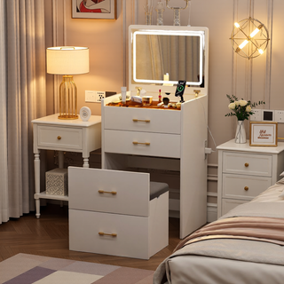 Sunvega White Glass Top Vanity Desk with 10 Drawers and Lighted Mirror