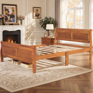 Sunvega Full Size Wood Platform Bed with Headboard and Classic Solid Wood Slat Support