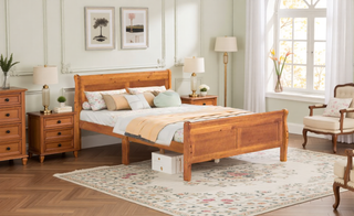 Sunvega Full Size Wood Platform Bed with Headboard and Classic Solid Wood Slat Support