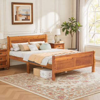 Sunvega Full Size Wood Platform Bed with Headboard and Classic Solid Wood Slat Support