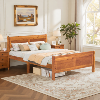 Sunvega Full Size Wood Platform Bed with Headboard and Classic Solid Wood Slat Support