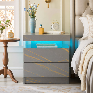 Sunvega Modern LED Nightstand with 2 Drawers Adjustable Lights for Bedroom Living Room