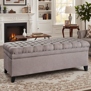 Sunvega Blue Fabric Storage Ottoman with Birch Legs for Living Room Seating