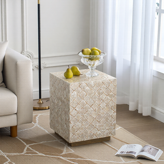 Sunvega Blue Capiz Inlay Tapered Hexagon Accent Stool for Bedrooms