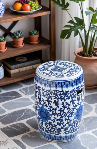 Sunvega Blue Capiz Inlay Tapered Hexagon Accent Stool for Bedrooms