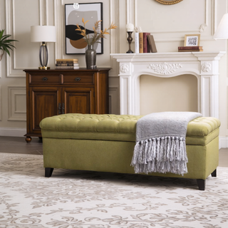 Sunvega Blue Fabric Storage Ottoman with Birch Legs for Living Room Seating