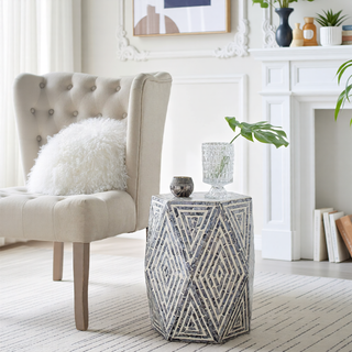 Sunvega Blue Capiz Inlay Tapered Hexagon Accent Stool for Bedrooms