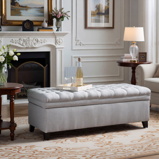 Sunvega Blue Fabric Storage Ottoman with Birch Legs for Living Room Seating