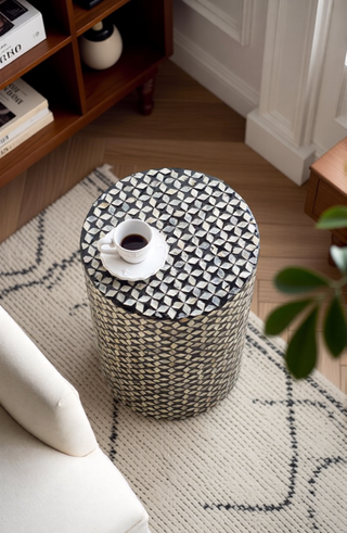 Sunvega Blue Capiz Inlay Tapered Hexagon Accent Stool for Bedrooms