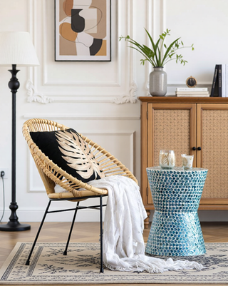Sunvega Blue Capiz Inlay Tapered Hexagon Accent Stool for Bedrooms