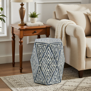 Sunvega Blue Capiz Inlay Tapered Hexagon Accent Stool for Bedrooms
