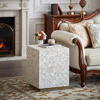 Sunvega Blue Capiz Inlay Tapered Hexagon Accent Stool for Bedrooms