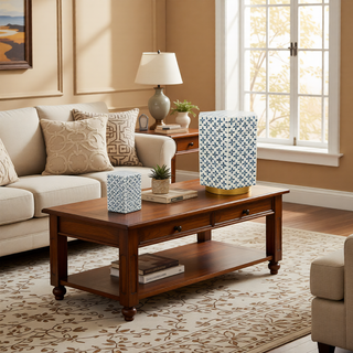Sunvega Blue Capiz Inlay Tapered Hexagon Accent Stool for Bedrooms