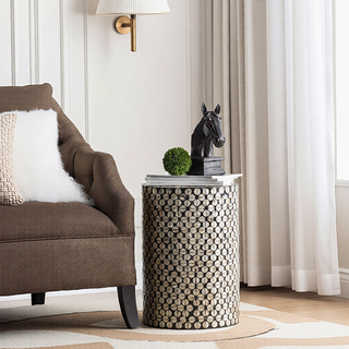Sunvega Blue Capiz Inlay Tapered Hexagon Accent Stool for Bedrooms