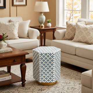 Sunvega Blue Capiz Inlay Tapered Hexagon Accent Stool for Bedrooms