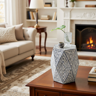 Sunvega Blue Capiz Inlay Tapered Hexagon Accent Stool for Bedrooms