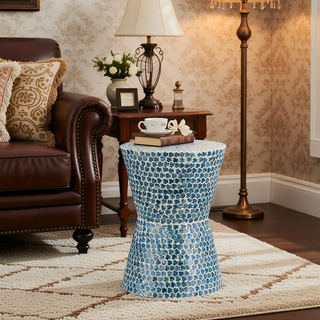 Sunvega Blue Capiz Inlay Tapered Hexagon Accent Stool for Bedrooms