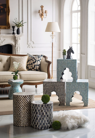 Sunvega Blue Capiz Inlay Tapered Hexagon Accent Stool for Bedrooms
