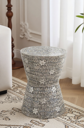 Sunvega Blue Capiz Inlay Tapered Hexagon Accent Stool for Bedrooms