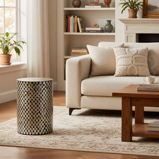 Sunvega Blue Capiz Inlay Tapered Hexagon Accent Stool for Bedrooms