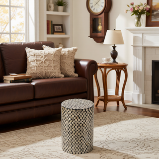 Sunvega Blue Capiz Inlay Tapered Hexagon Accent Stool for Bedrooms