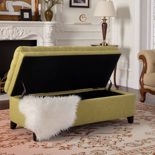 Sunvega Blue Fabric Storage Ottoman with Birch Legs for Living Room Seating