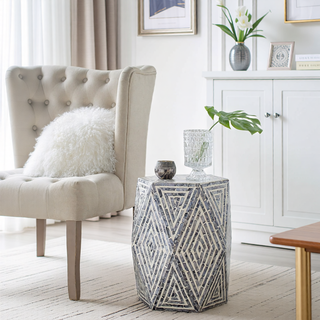 Sunvega Blue Capiz Inlay Tapered Hexagon Accent Stool for Bedrooms
