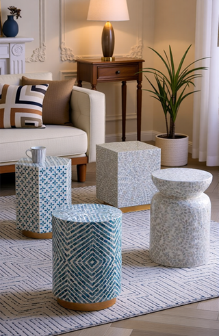 Sunvega Blue Capiz Inlay Tapered Hexagon Accent Stool for Bedrooms