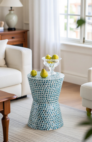 Sunvega Blue Capiz Inlay Tapered Hexagon Accent Stool for Bedrooms