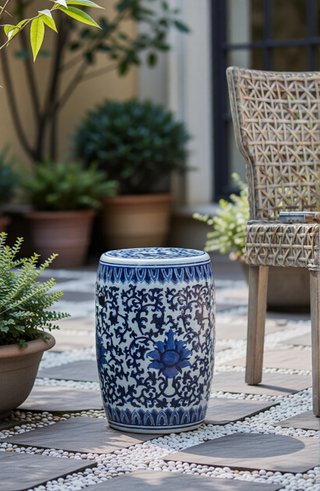 Sunvega Blue Capiz Inlay Tapered Hexagon Accent Stool for Bedrooms