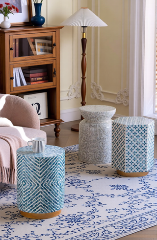 Sunvega Blue Capiz Inlay Tapered Hexagon Accent Stool for Bedrooms