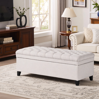 Sunvega Blue Fabric Storage Ottoman with Birch Legs for Living Room Seating