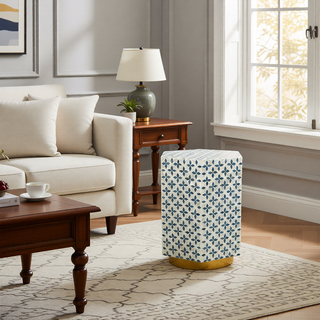 Sunvega Blue Capiz Inlay Tapered Hexagon Accent Stool for Bedrooms