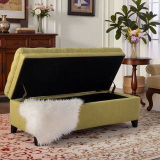 Sunvega Blue Fabric Storage Ottoman with Birch Legs for Living Room Seating