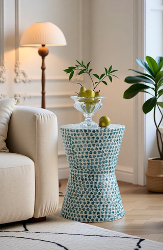 Sunvega Blue Capiz Inlay Tapered Hexagon Accent Stool for Bedrooms