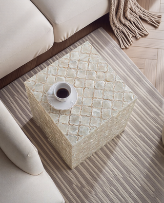 Sunvega Blue Capiz Inlay Tapered Hexagon Accent Stool for Bedrooms