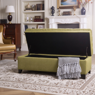 Sunvega Blue Fabric Storage Ottoman with Birch Legs for Living Room Seating