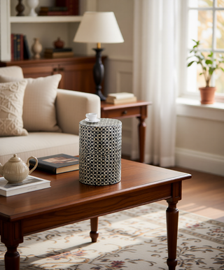 Sunvega Blue Capiz Inlay Tapered Hexagon Accent Stool for Bedrooms