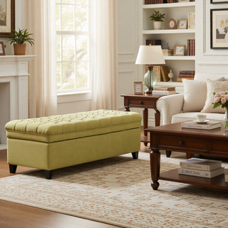 Sunvega Blue Fabric Storage Ottoman with Birch Legs for Living Room Seating