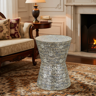 Sunvega Blue Capiz Inlay Tapered Hexagon Accent Stool for Bedrooms