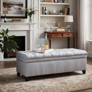 Sunvega Blue Fabric Storage Ottoman with Birch Legs for Living Room Seating