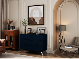 Sunvega Midnight Blue Mid-Century Modern Dresser with 3 Spacious Drawers