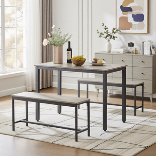 Sunvega Industrial Natural and White Dining Table Set with 2 Benches for Kitchen