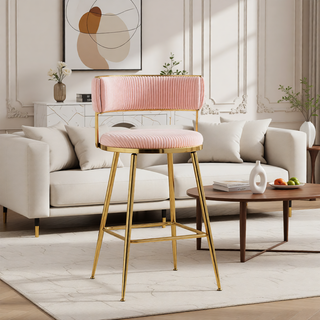 Sunvega Set of 2 Grey Corduroy Bar Stools with Back Golden Chromed Base and Footrest