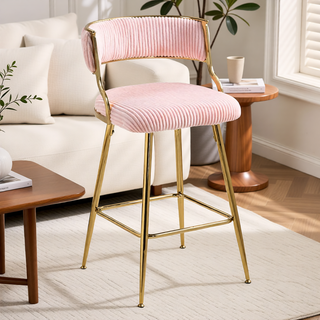Sunvega Set of 2 Grey Corduroy Bar Stools with Back Golden Chromed Base and Footrest