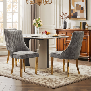 Sunvega Blue Rayon Cloth Flocking Linen Dining Chairs with High Backrest and Solid Wood Legs, Set of 2