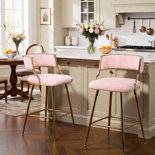 Sunvega Set of 2 Grey Corduroy Bar Stools with Back Golden Chromed Base and Footrest