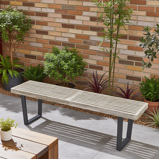 Sunvega Modern Acacia Wood Dining Bench with Iron Legs in Dark Brown and White
