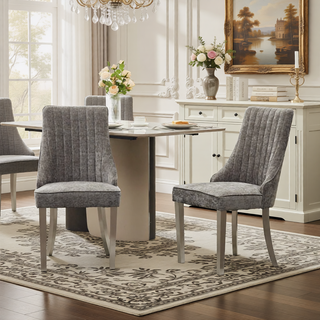 Sunvega Blue Rayon Cloth Flocking Linen Dining Chairs with High Backrest and Solid Wood Legs, Set of 2